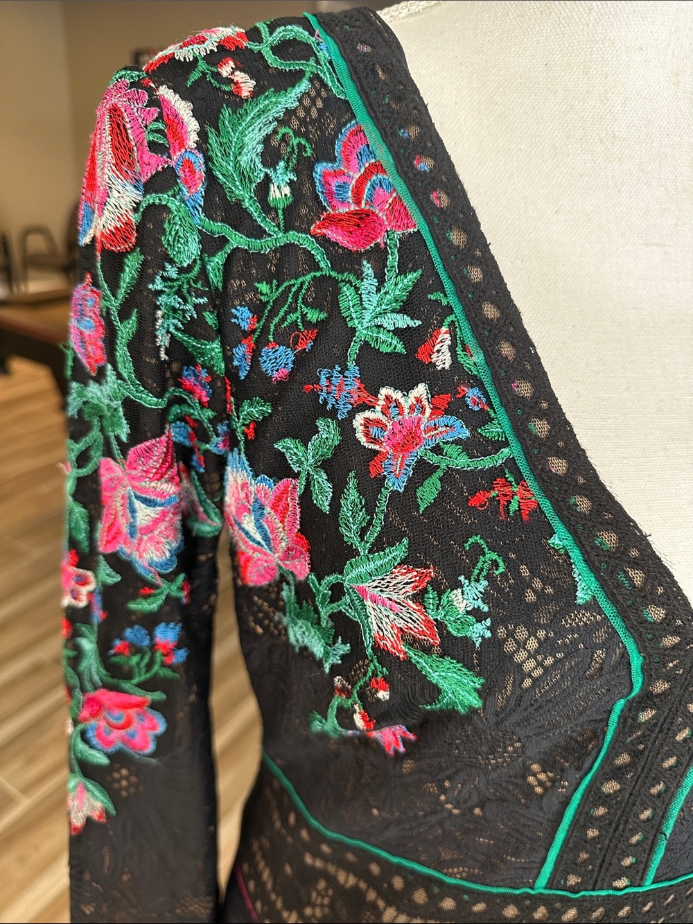 Tadashi Shoji Black Lace Maxi Dress with Pink & Green Floral Embroidery - Picture 2 of 4